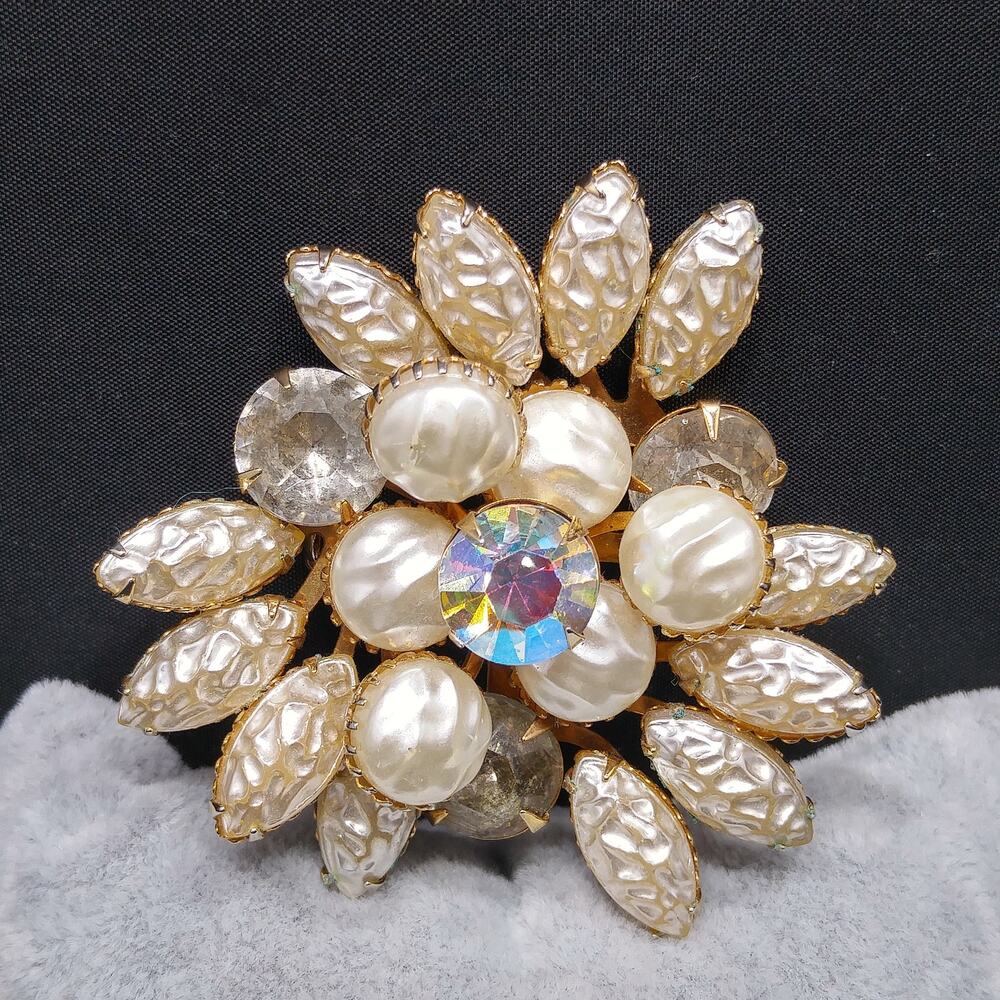 Lava Glass Floral Brooch, Faux Baroque Pearls, Aurora Borealis, 1950s Vintage